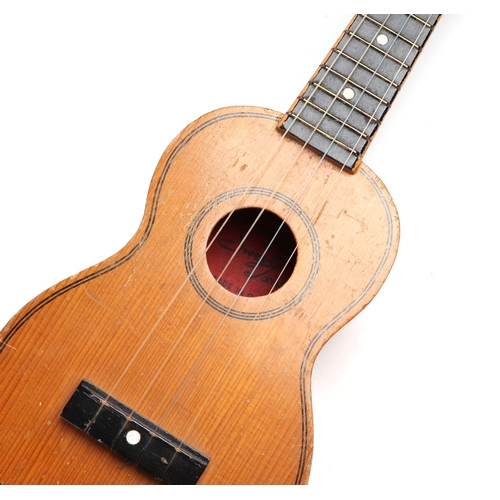 349 - A LAG model U177C concert ukulele with soft carry case; together with a Sweet Tone ukulele (2).