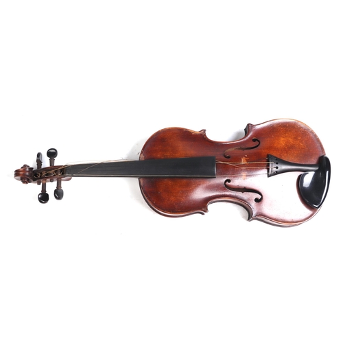 351 - A one-piece back violin & bow, the back 36cms (14ins) long, cased.