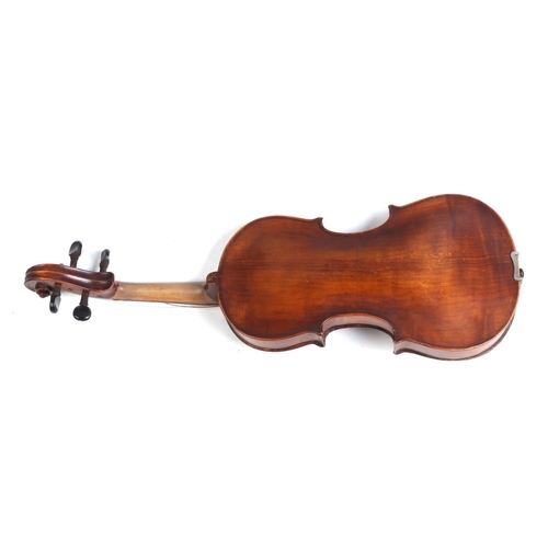 351 - A one-piece back violin & bow, the back 36cms (14ins) long, cased.