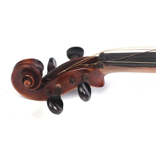 351 - A one-piece back violin & bow, the back 36cms (14ins) long, cased.