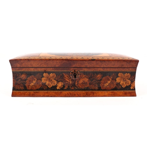 366 - A 19th century Tunbridgeware box of waisted form, the top decorated with a castle scene, 23.5cms wid... 