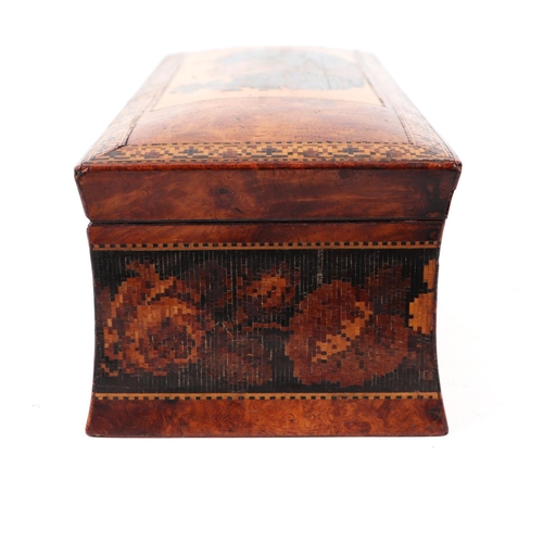 366 - A 19th century Tunbridgeware box of waisted form, the top decorated with a castle scene, 23.5cms wid... 