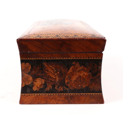 366 - A 19th century Tunbridgeware box of waisted form, the top decorated with a castle scene, 23.5cms wid... 