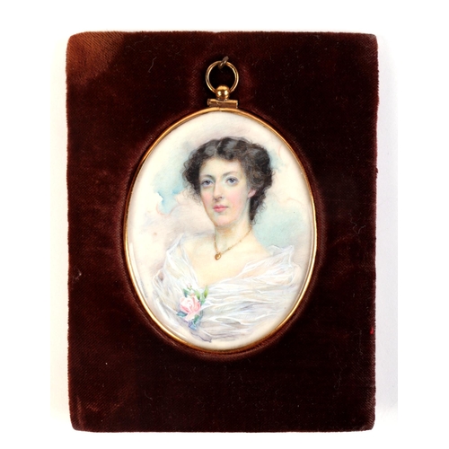 368 - An early 20th century oval portrait miniature on ivory depicting a young lady wearing a gold necklac... 