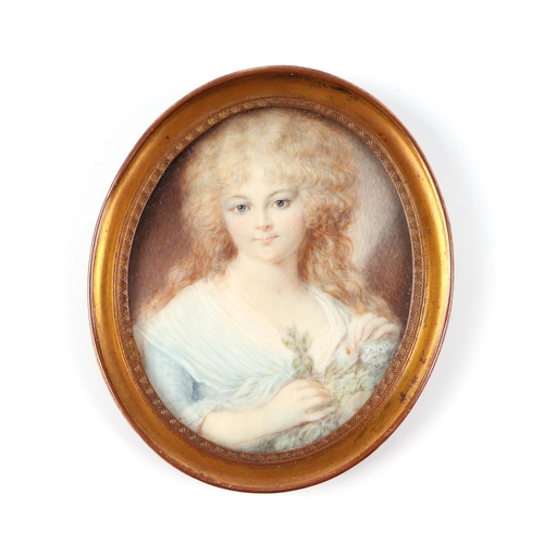 370 - A 19th century oval portrait miniature on ivory depicting Mademoiselle Barsin (?), 5.5 by 6.5cms.   ... 