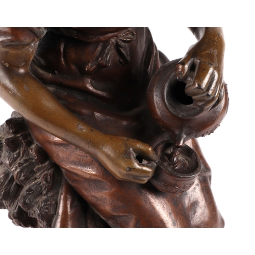 378 - A late 19th century bronzed spelter figure of a young woman pouring a drink, 45cms high.