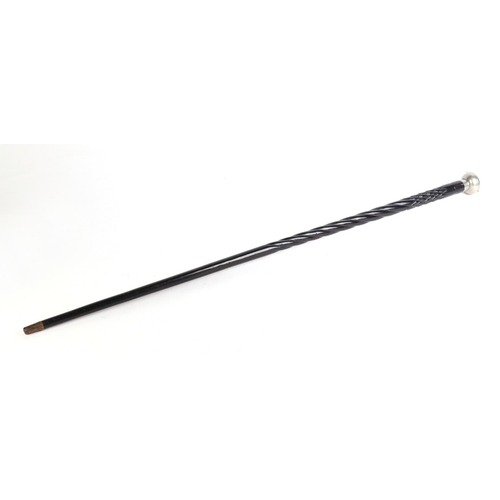 402 - A novelty ebony walking stick, the plated handle with inset open faced watch, 78cms long.