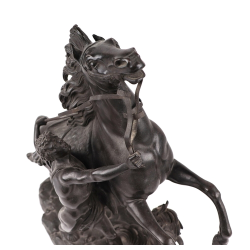 408 - After Guillaume Coustou - a pair of French bronze Marley horse groups, each bear Coustou signature, ... 