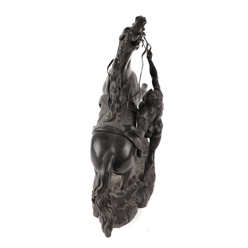 408 - After Guillaume Coustou - a pair of French bronze Marley horse groups, each bear Coustou signature, ... 