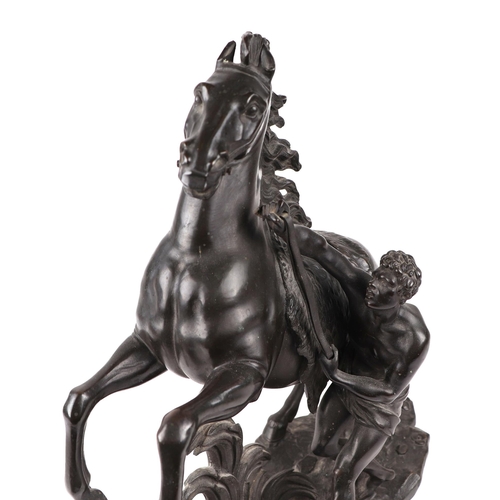 408 - After Guillaume Coustou - a pair of French bronze Marley horse groups, each bear Coustou signature, ... 