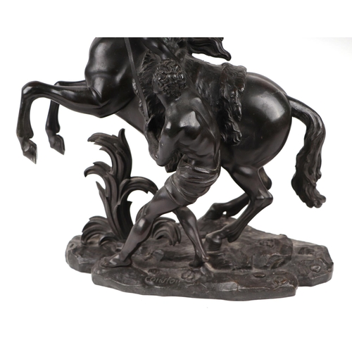 408 - After Guillaume Coustou - a pair of French bronze Marley horse groups, each bear Coustou signature, ... 