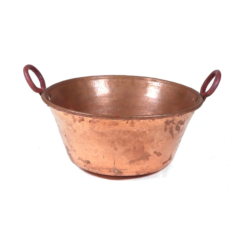 412 - Three very large two-handled copper pans, the largest 68cm diameter (3)