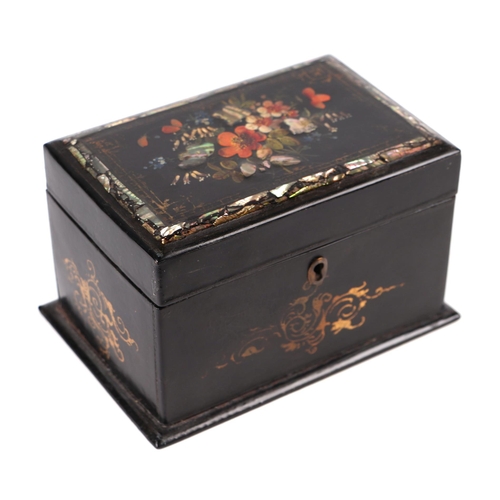 416 - A Victorian papier-mâché tea caddy with gilt painted flora and mother of pearl inlaid decoration, 17... 