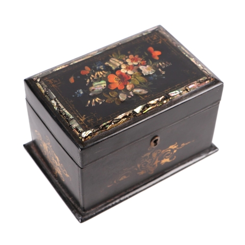 416 - A Victorian papier-mâché tea caddy with gilt painted flora and mother of pearl inlaid decoration, 17... 