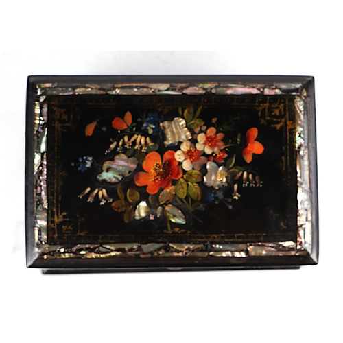 416 - A Victorian papier-mâché tea caddy with gilt painted flora and mother of pearl inlaid decoration, 17... 