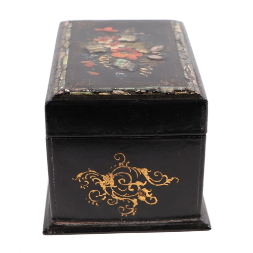 416 - A Victorian papier-mâché tea caddy with gilt painted flora and mother of pearl inlaid decoration, 17... 