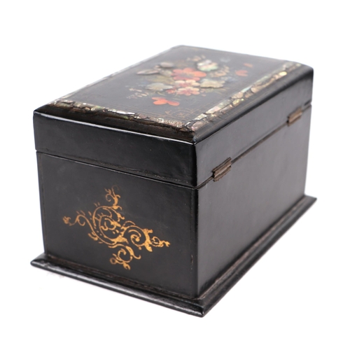 416 - A Victorian papier-mâché tea caddy with gilt painted flora and mother of pearl inlaid decoration, 17... 