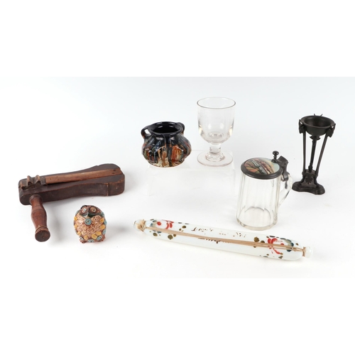 427 - A Vintage wooden rook scarer; together with a hall lantern, a Victorian glass rolling pin, a Bretby ... 