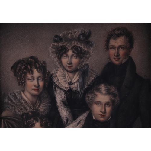 436 - A 19th century finely drawn crayon portrait miniature group of six family members, many family detai... 