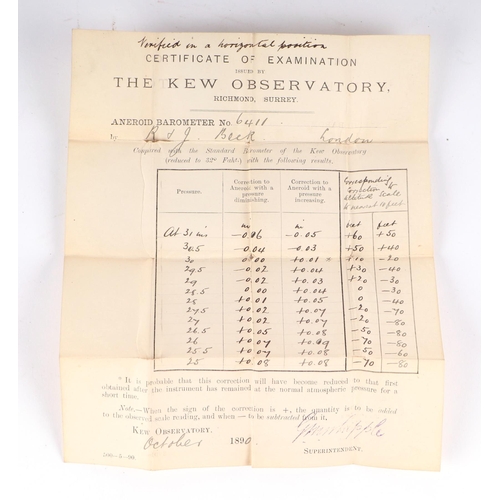 451 - An R & J Beck of London Compensated Barometer, cased; together with a Victorian Kew Observatory Cert... 