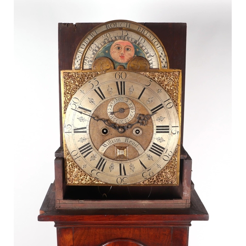 456 - A longcase clock, the brass 30cms square arched dial with moon phase, signed Robert Rouch, Bristol, ... 