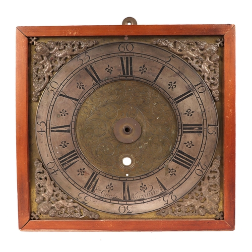 460 - An 18th century brass 27cms square longcase clock face, the silvered chapter ring with Arabic and Ro... 