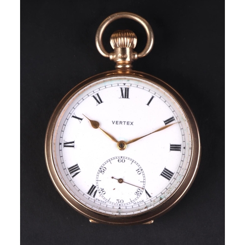 475 - A Vertex 9ct gold cased open faced pocket watch, the white enamel dial with Roman numerals and subsi... 