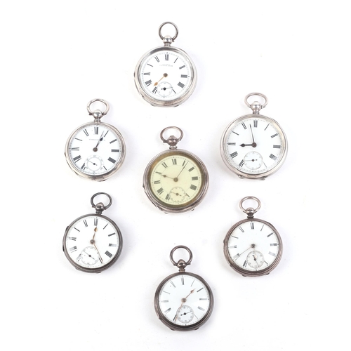 486 - A group of seven silver cased open faced pocket watches, various dates and maker's marks (7).