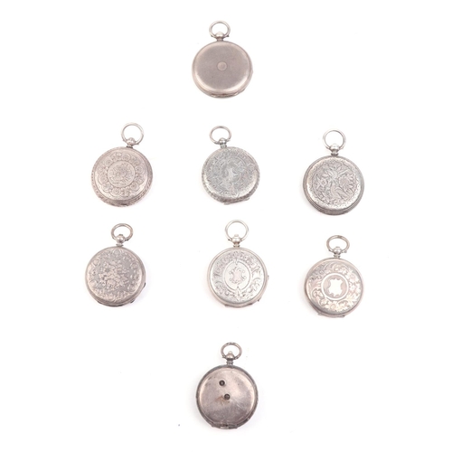 487 - A group of eight silver cased open faced fob watches, various dates and maker's marks (8).