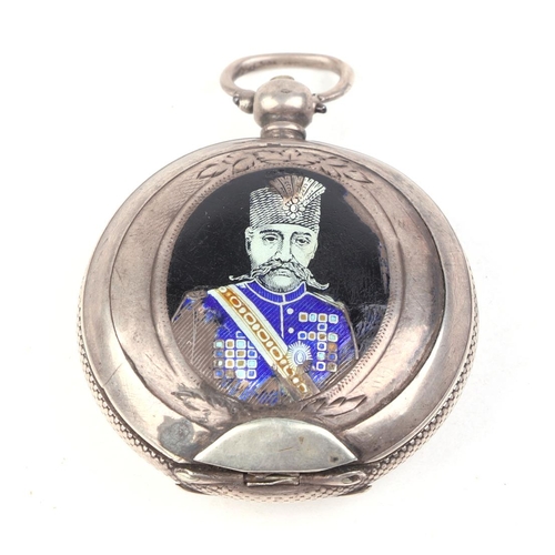 491 - A silver and enamel cased full hunter pocket watch for the Persian market, the case with an enamel p... 