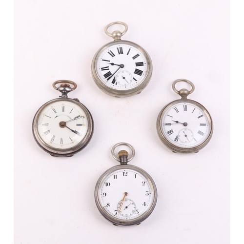 492 - A group of four open faced pocket watches to include an alarm pocket watch in gun metal case (4).