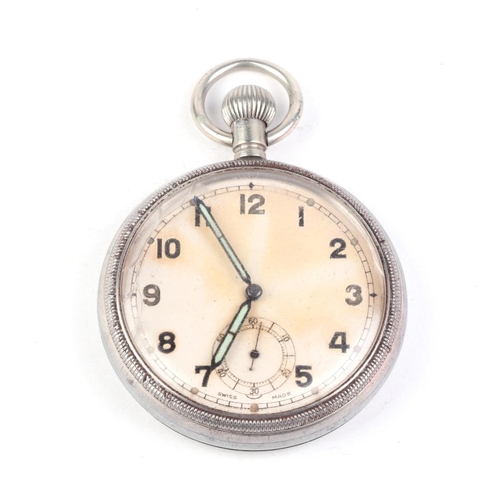 495 - A military issue open faced pocket watch with Arabic numerals and subsidiary seconds dial, case numb... 