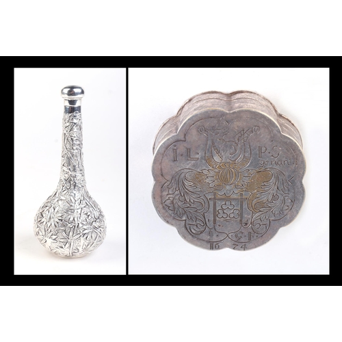 501 - A Chinese silver coloured metal scent bottle marked 'Shanghai Woshing', 10cms high; together with a ... 