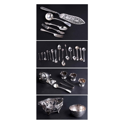 524 - A Georgian silver sauce ladle; together with three silver salts; silver mustard and salt spoons; a p... 