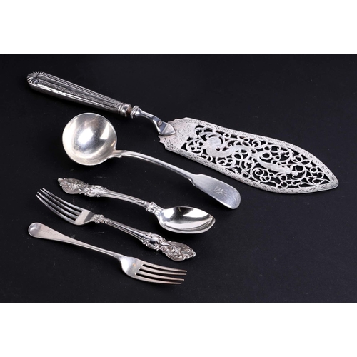 524 - A Georgian silver sauce ladle; together with three silver salts; silver mustard and salt spoons; a p... 