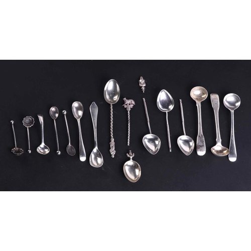 524 - A Georgian silver sauce ladle; together with three silver salts; silver mustard and salt spoons; a p... 