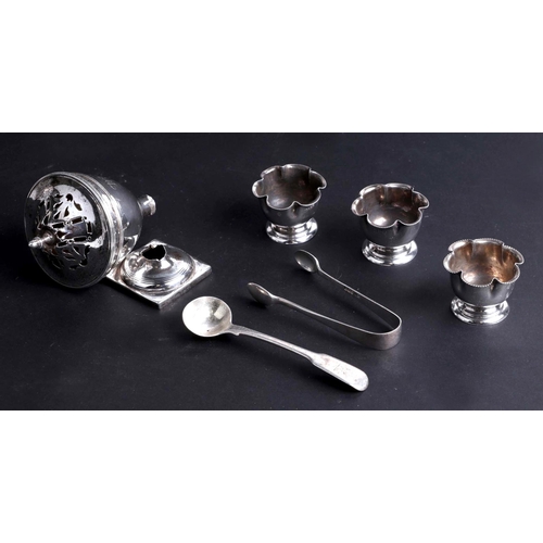 524 - A Georgian silver sauce ladle; together with three silver salts; silver mustard and salt spoons; a p... 