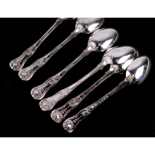 530 - A set of six George IV silver dessert spoons, London 1827; together with two other silver spoons, 41... 