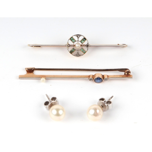 571 - A yellow metal sapphire, diamond and pearl bar brooch; together with a yellow metal diamond, emerald... 