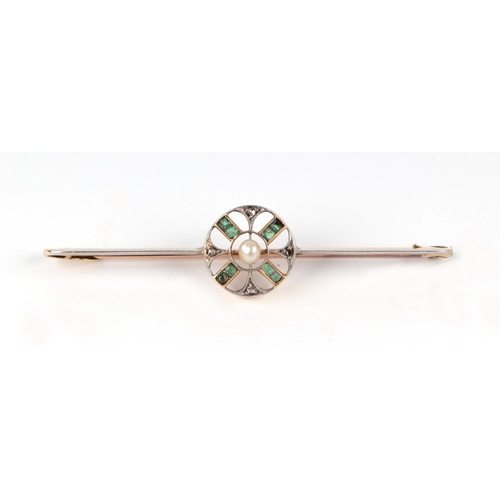 571 - A yellow metal sapphire, diamond and pearl bar brooch; together with a yellow metal diamond, emerald... 