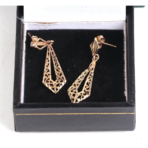 578 - A pair of 9ct gold ribbon bow stud earrings; together with a pair of 9ct gold drop earrings.