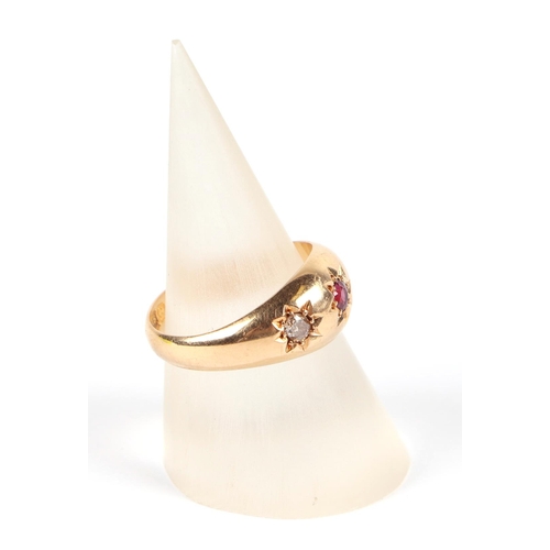 592 - An 18ct gold, ruby and diamond gypsy ring, approx UK size L, 3.8g