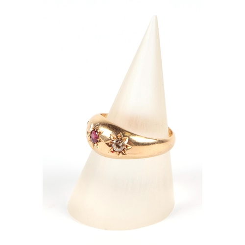 592 - An 18ct gold, ruby and diamond gypsy ring, approx UK size L, 3.8g