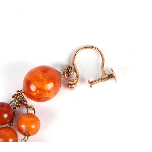 602 - A pair of 9ct gold amber screw back drop earrings.