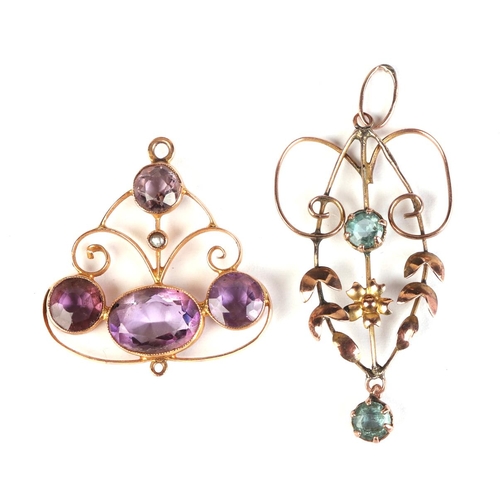 605 - An Edwardian yellow metal gem set pendant; together with a similar amethyst and seed pearl pendant, ... 