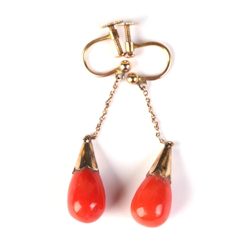 606 - A pair of 9ct gold coral screw back drop earrings.