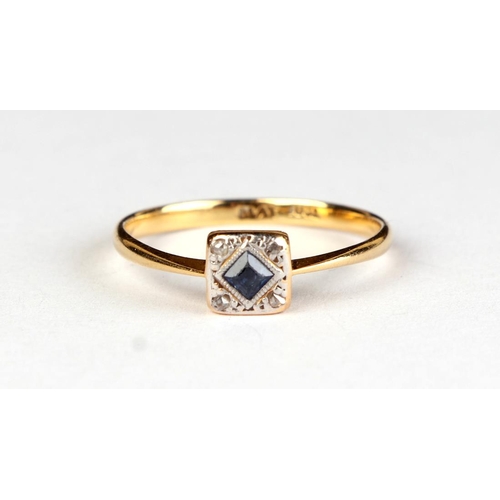 607 - An 18ct gold and platinum diamond and sapphire ring, approx UK size P, 2g.