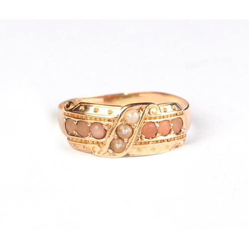 608 - A Victorian 15ct gold ring set with seed pearls, approx UK size N, 1.6g.