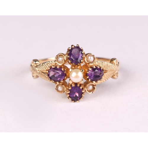 610 - A 9ct gold amethyst and pearl ring, approx UK size O, 3g.