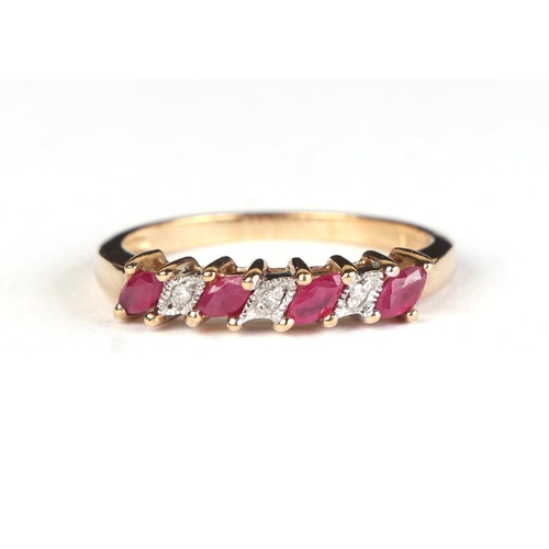 615 - A yellow metal seven stone ruby and diamond ring, approx UK size P, 2.4g.